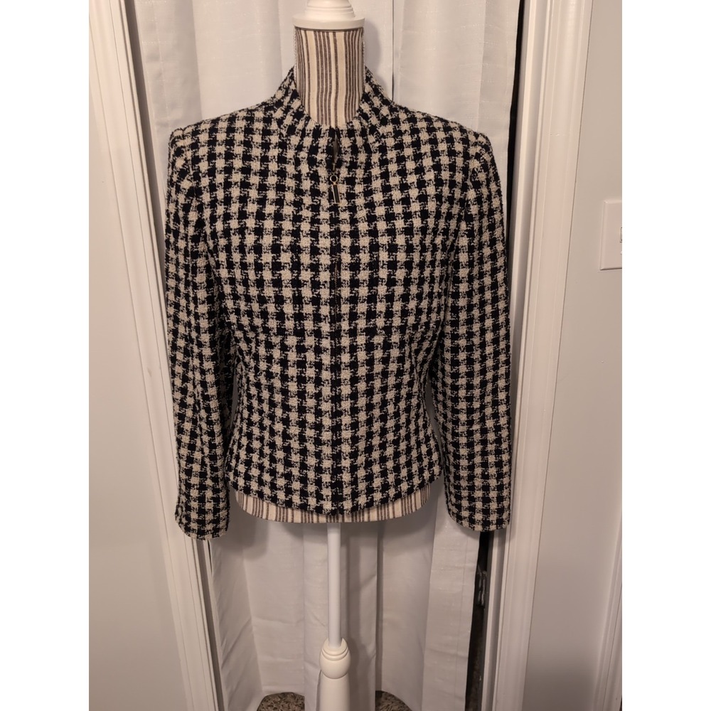 Vtg. Kasper A.S.L. Black Ivory Houndstooth Wool Blazer 12 Office Preppy Y2K